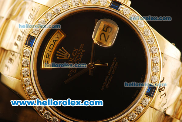 Rolex Day Date II Oyster Perpetual Automatic Full Gold with Black Dial and Diamond Bezel-ETA Coating - Click Image to Close